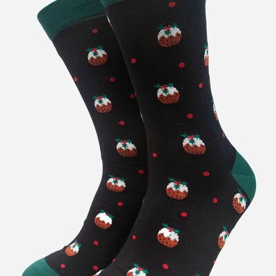 Calcetines de bambú con estampado de pudín navideño de hombre negro