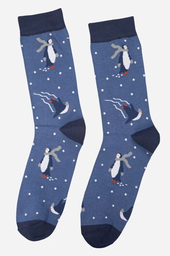 Chaussettes bleues en bambou à imprimé pingouin pour hommes 2