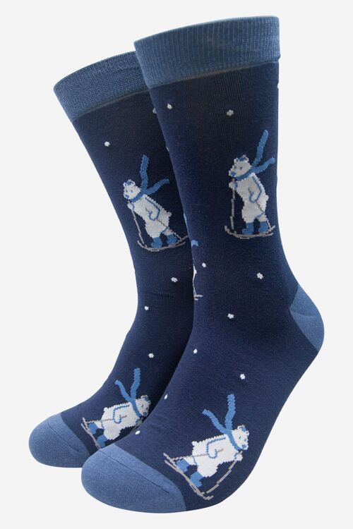 Navy Blue Men's Skiing Polar Bear Print Bamboo Socks