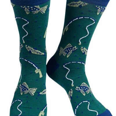 Chaussettes en bambou pour hommes, chaussettes fantaisie de pêche, chaussettes de pêcheur, vert