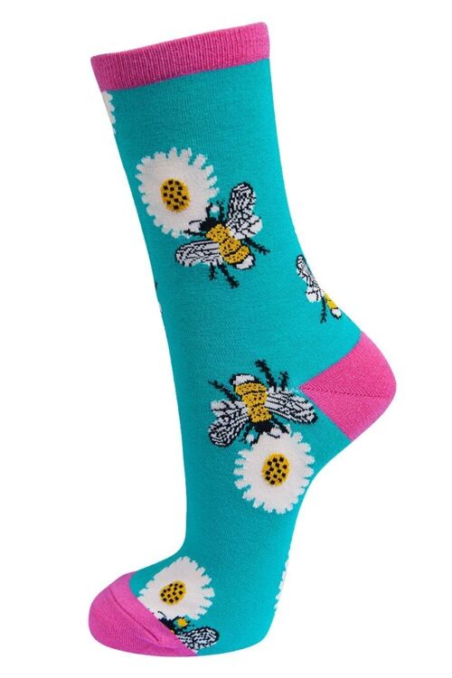 Womens Bamboo Socks Bumble Bees Floral Novelty Ankle Socks Turquoise