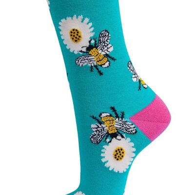 Womens Bamboo Socks Bumble Bees Floral Novelty Ankle Socks Turquoise