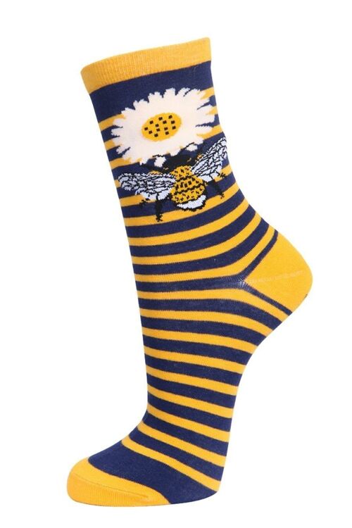 Womens Bamboo Socks Bumble Bees Floral Stiped Ankle Socks Navy Blue Mustard