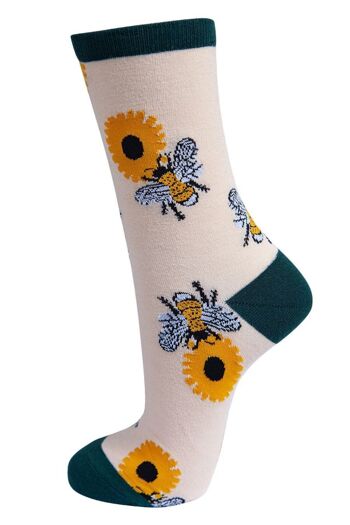 Chaussettes en bambou pour femmes, chaussettes à fleurs, bourdons, tournesols, vert 1