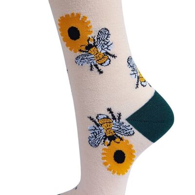Womens Bamboo Bee Socks Bumblebees Sunflowers Floral Ankle Socks Green