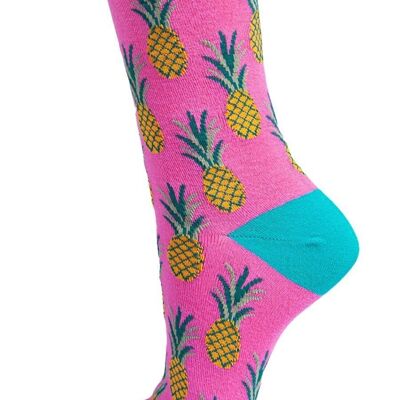Chaussettes en bambou pour femmes, chaussettes fantaisie à imprimé ananas, rose