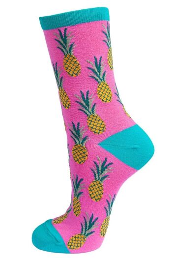 Chaussettes en bambou pour femmes, chaussettes fantaisie à imprimé ananas, rose 1