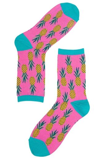 Chaussettes en bambou pour femmes, chaussettes fantaisie à imprimé ananas, rose 2