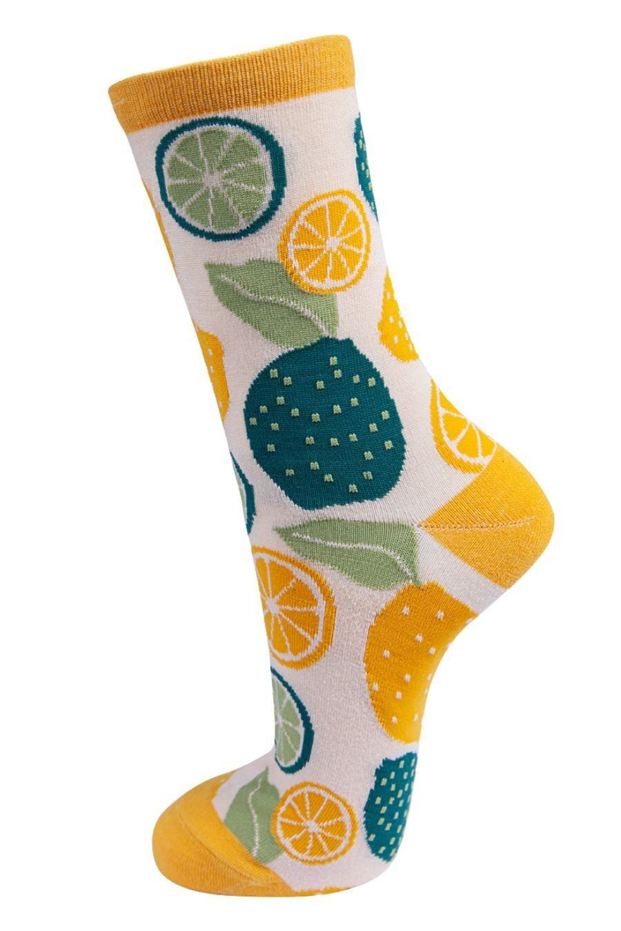 Damen Bambus-Fruchtsocken, Zitronen-Limetten-Neuheits-Söckchen, Gelb