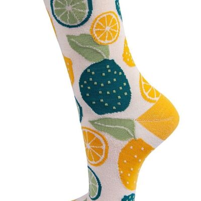 Calcetines tobilleros novedosos de lima y limones con frutas de bambú para mujer, color amarillo