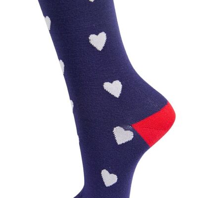 Chaussettes en bambou pour femmes, chaussettes fantaisie à cœurs d'amour rouges, bleu marine