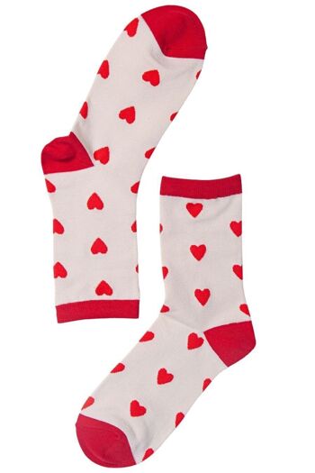 Chaussettes en bambou pour femmes, chaussettes fantaisie avec cœurs d'amour rouges, crème 2