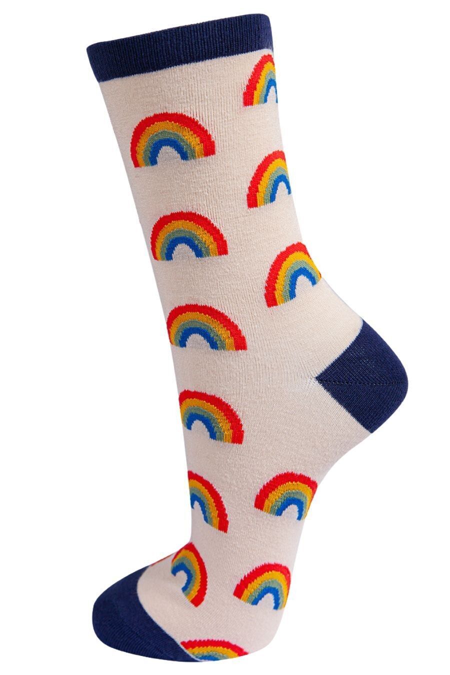 Bambussocken für Damen - Creme/Marineblau, Regenbogen