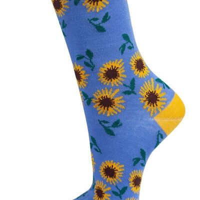 Damen-Socken aus Bambus, Sonnenblumen-Blumenmuster, Blau