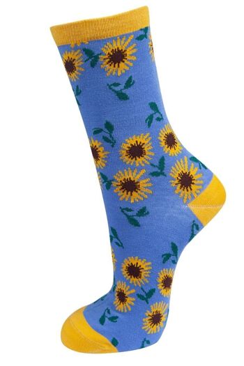 Chaussettes En Bambou Femme Socquettes À Imprimé Floral Tournesol Bleu 1