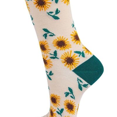 Damen-Socken aus Bambus, Sonnenblumen-Blumenmuster, Grün