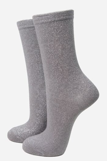 Chaussettes À Paillettes Femme Socquettes Scintillantes Argentées Shimmer Grey 1