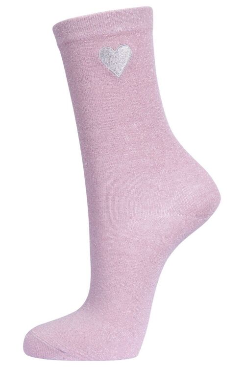 Womens Pink Glitter Socks Embroidered Heart Ankle Socks Sparkly Shimmer