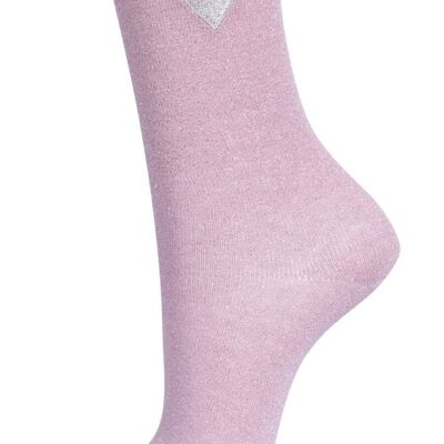 Womens Pink Glitter Socks Embroidered Heart Ankle Socks Sparkly Shimmer