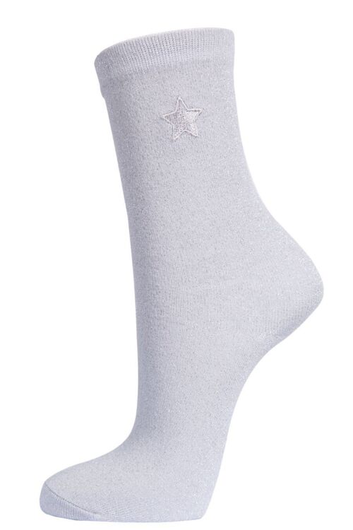 Womens Glitter Socks Embroidered Star Ankle Socks Sparkle Shimmer Silver