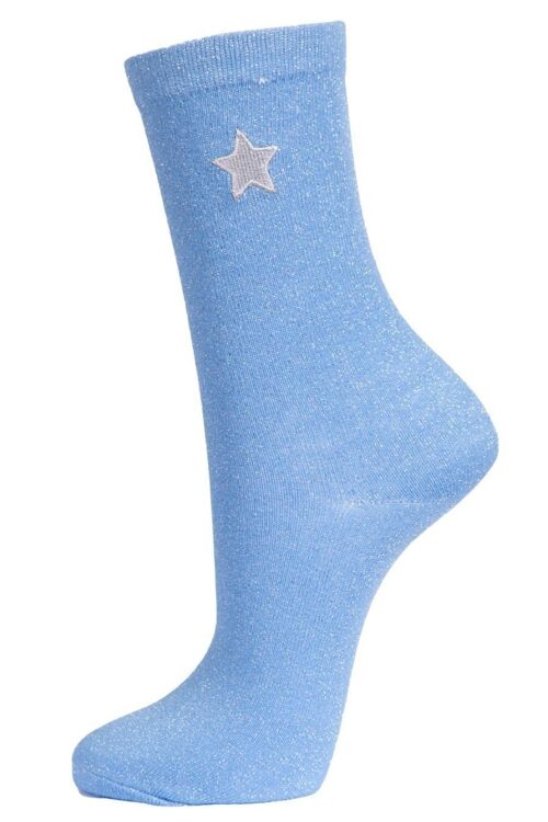 Womens Glitter Socks Embroidered Star Ankle Socks Sparkle Shimmer Blue