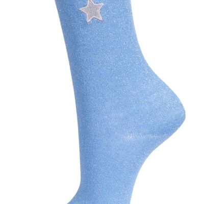 Calzini glitter da donna Calzini alla caviglia con stella ricamata Sparkle Shimmer Blue
