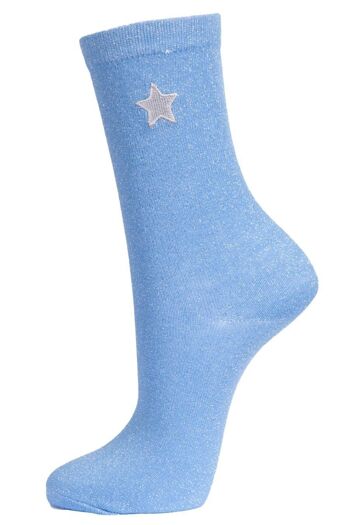 Chaussettes À Paillettes Femme Socquettes Étoiles Brodées Sparkle Shimmer Blue 1