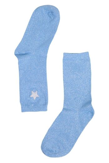 Chaussettes À Paillettes Femme Socquettes Étoiles Brodées Sparkle Shimmer Blue 2