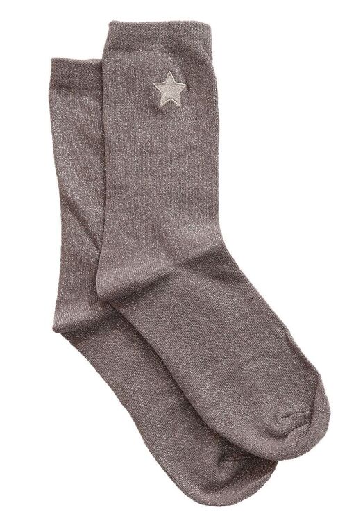 Womens Silver Glitter Socks Embroidered Star Ankle Socks Sparkle Shimmer Grey