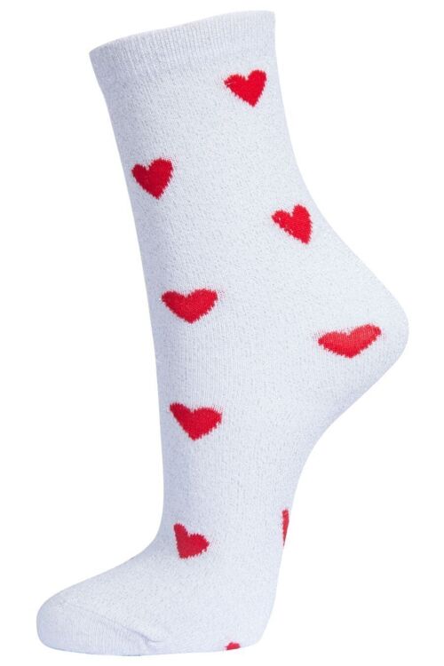 Womens Glitter Socks Red Heart Love Hearts Ankle Socks Sparkle Shimmer White