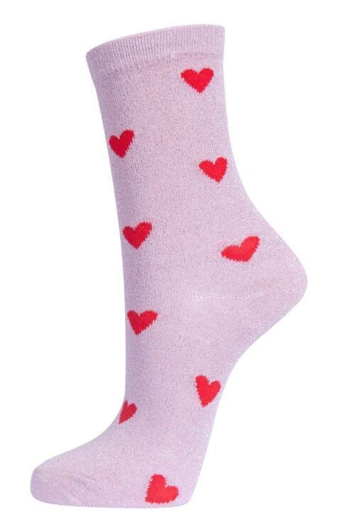 Womens Glitter Socks Red Heart Love Hearts Ankle Socks Sparkle Shimmer Pink