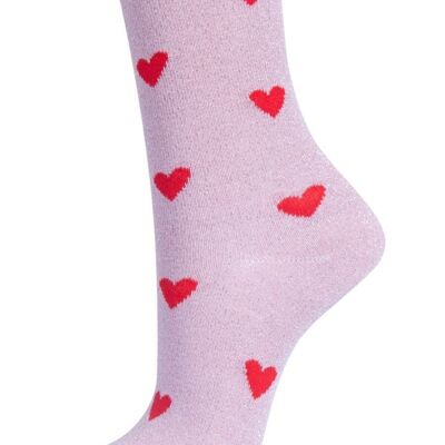 Calcetines con purpurina para mujer, calcetines tobilleros con corazones rojos y corazones de amor, rosa brillante