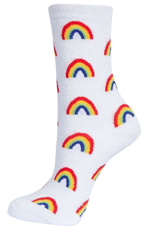 Womens Rainbow Socks Glitter Ankle Socks Sparkly Shimmer White