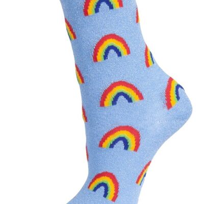 Womens Rainbow Socks Glitter Ankle Socks Blue Sparkly Shimmer