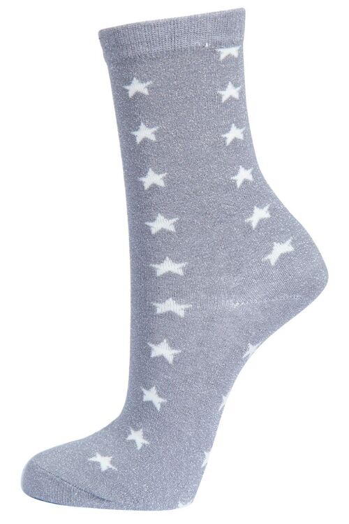 Womens Glitter Socks Star Print Ankle Sock Shimmer Sparkly Grey