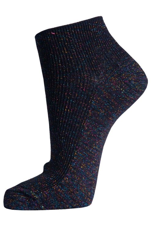 Womens Rainbow Glitter Anklet Trainer Socks Sparkly Shimmer Black
