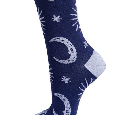 Silberne Glitzer-Socken für Damen, Mondstern-Glitzer-Socken, Marineblau