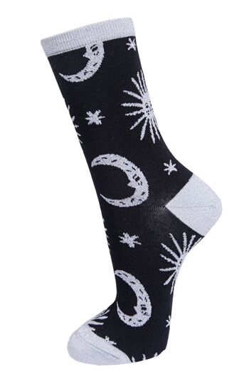 Chaussettes noires à paillettes pour femmes, chaussettes scintillantes argentées Moon Star 1