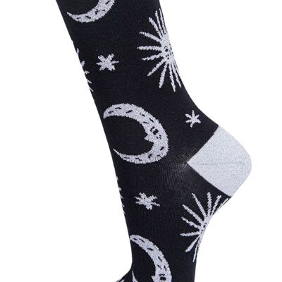 Womens Black Glitter Socks Silver Moon Star Sparkly Ankle Sock