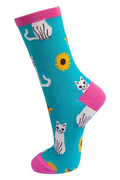 Womens Cat Socks Bamboo Ankle Socks Novelty Animal Sock Turquoise