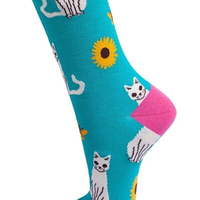 Womens Cat Socks Bamboo Ankle Socks Novelty Animal Sock Turquoise