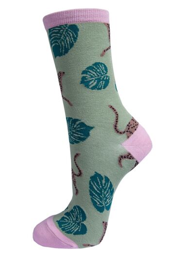 Chaussettes en bambou pour femmes, chaussettes à imprimé léopard, guépard, animaux, vert 1