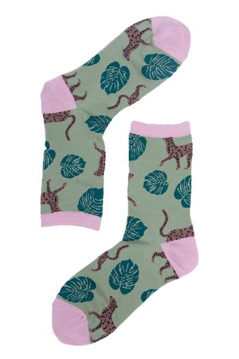 Chaussettes en bambou pour femmes, chaussettes à imprimé léopard, guépard, animaux, vert 2