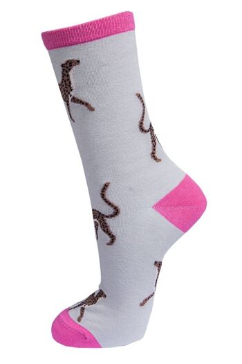 Chaussettes femme en bambou imprimé léopard guépard animal chaussette gris rose 1