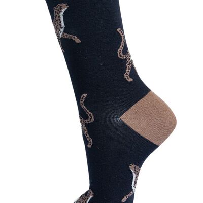 Chaussettes en bambou pour femmes, chaussettes à imprimé léopard, guépard, animaux, noires