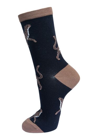 Chaussettes en bambou pour femmes, chaussettes à imprimé léopard, guépard, animaux, noires 1
