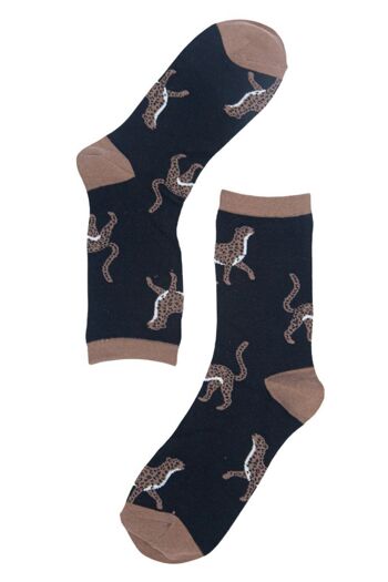 Chaussettes en bambou pour femmes, chaussettes à imprimé léopard, guépard, animaux, noires 2
