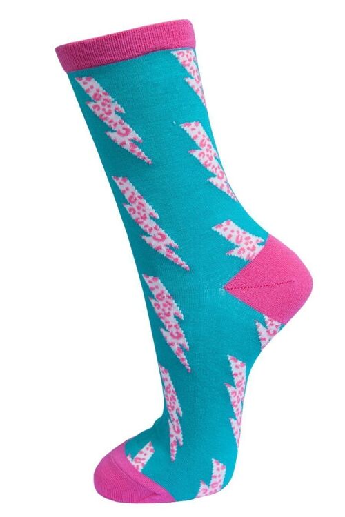 Womens Bamboo Socks Leopard Print Ankle Socks Lightning Bolt Blue