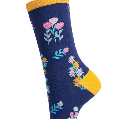 Womens Floral Bamboo Socks Novelty Ankle Socks Wild Flower Navy Blue