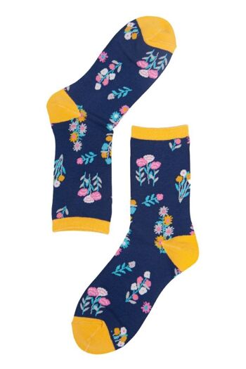 Chaussettes en bambou à fleurs pour femmes, chaussettes fantaisie à la cheville, fleurs sauvages, bleu marine 2